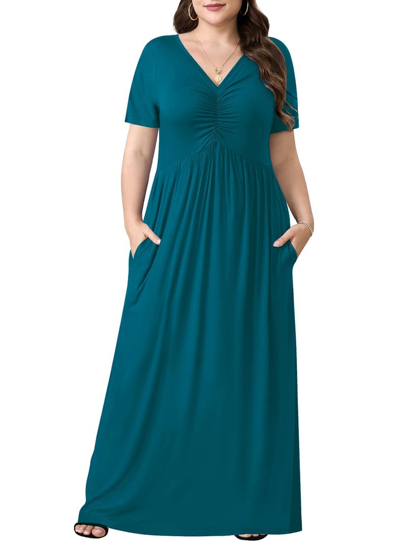 PEVRL Plus Size Maxi Dresses for Women Summer Casual Short Sleeve Long Dress with Pockets Aqua Green 3X - Image 1