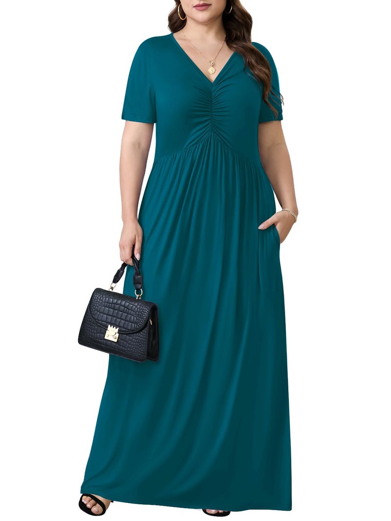 PEVRL Plus Size Maxi Dresses for Women Summer Casual Short Sleeve Long Dress with Pockets Aqua Green 3X - Image 2