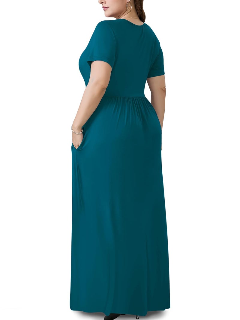 PEVRL Plus Size Maxi Dresses for Women Summer Casual Short Sleeve Long Dress with Pockets Aqua Green 3X - Image 3