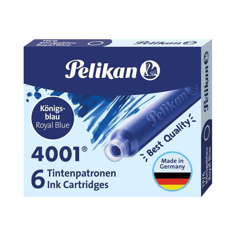 Pelikan 4001 TP/6 Ink Cartridges for Fountain Pens, Royal Blue, 0.8ml, 6 Pack (301176) - Image 1