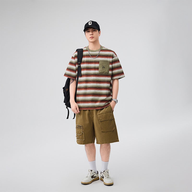 Export Striped Short-Sleeved T-Shirt For Boys Summer Thin Breathable Contrasting Color Trendy T-Shirt Loose - Image 3