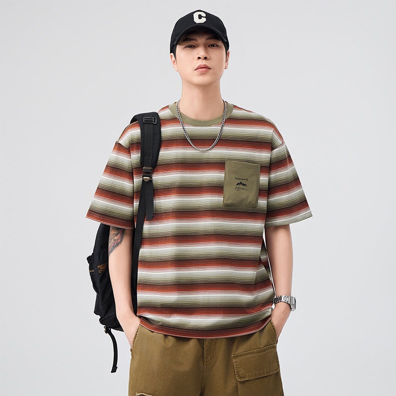 Export Striped Short-Sleeved T-Shirt For Boys Summer Thin Breathable Contrasting Color Trendy T-Shirt Loose - Image 5