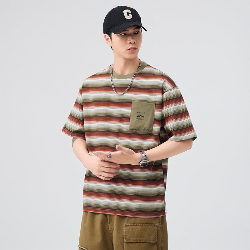 Export Striped Short-Sleeved T-Shirt For Boys Summer Thin Breathable Contrasting Color Trendy T-Shirt Loose - Image 2