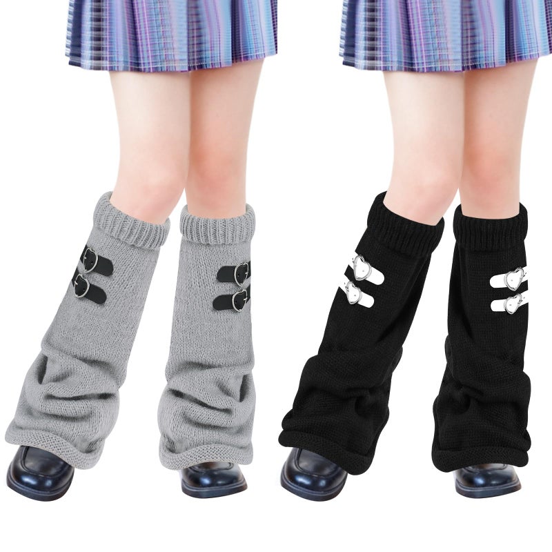 Junely Leg Warmers for Women Winter Kawaii Leg Warmer Cute Legwarmers with Adjustable Belt Buckle Japanese Socks Goth Emo Lolita Gyaru Gothic Harajuku Accessories Black Grey - Image 1