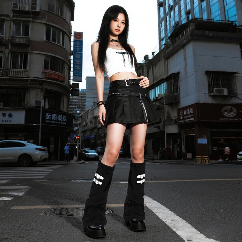 Junely Leg Warmers for Women Winter Kawaii Leg Warmer Cute Legwarmers with Adjustable Belt Buckle Japanese Socks Goth Emo Lolita Gyaru Gothic Harajuku Accessories Black Grey - Image 3