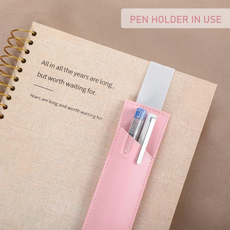 Clabby 4 Pieces Adjustable Pen Holder for Notebook Elastic Strap Band PU Leather Pen Sleeve Pouch for Hardcover Journals for Gift, 8-1.5 Inch(Yellow, Blue, Pink, Black) - Image 3