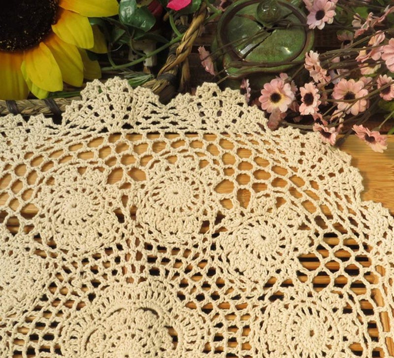 Damanni مفرش طاولة دمانى بيج قطن يدوي الصنع بتصميم كروشيه مزخرف، دائري، 16 بوصة، 2 قطعة - Image 2