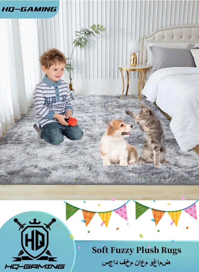 HQ-GAMING Fluffy Area Rugs for Girls Bedroom Furry Rug Ultra Soft Fluffy Area Rugs Anti Slip Plush Carpets High Pile Tie Dye Rugs for Living Room Bedroom Kids Room Kawaii Princess Rug Grey  - Image 1