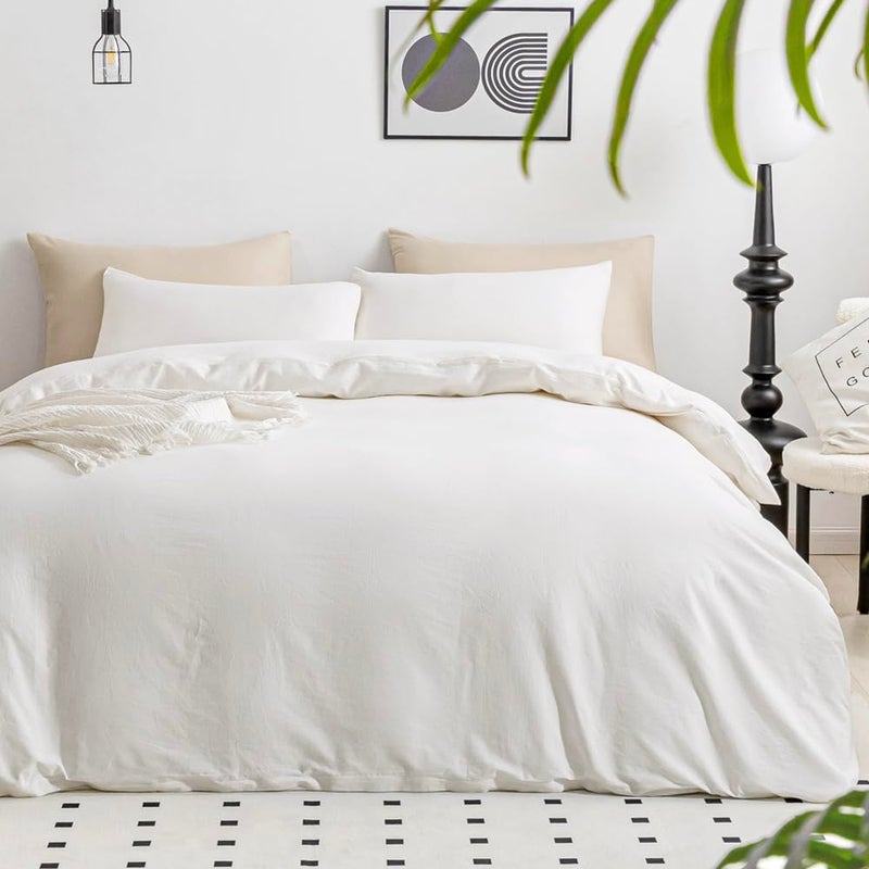 JELLYMONI Cotton Duvet Cover Queen Size - 100% Washed Cotton Linen Like Textured Comforter Cover, 3 Pieces Breathable Soft Bedding Set with Zipper Closure (Off White, Queen 90"x90") - Image 1