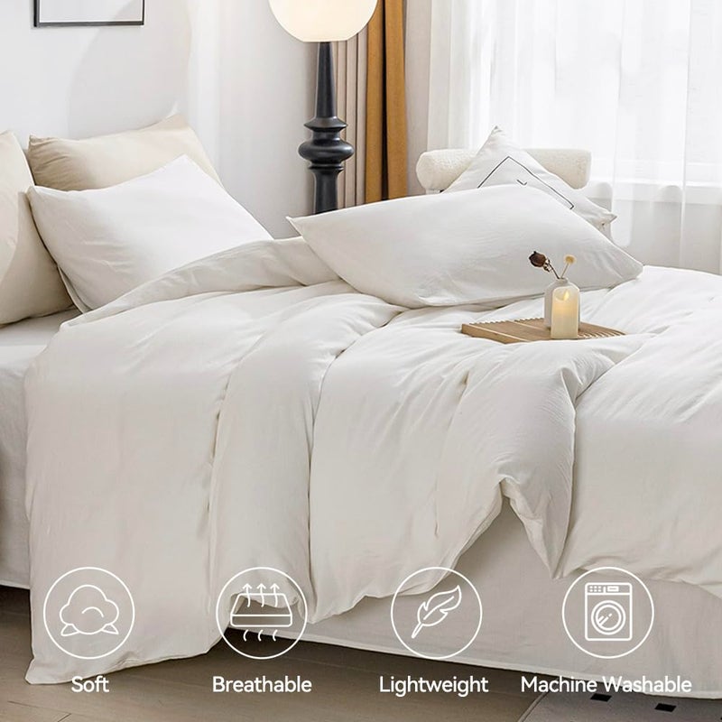 JELLYMONI Cotton Duvet Cover Queen Size - 100% Washed Cotton Linen Like Textured Comforter Cover, 3 Pieces Breathable Soft Bedding Set with Zipper Closure (Off White, Queen 90"x90") - Image 3