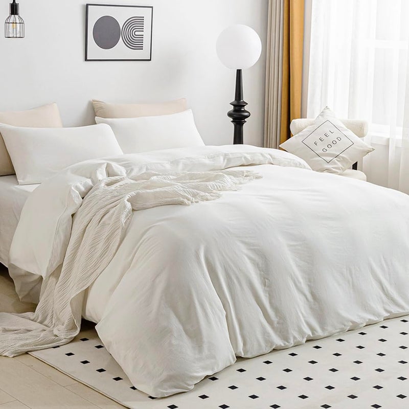 JELLYMONI Cotton Duvet Cover Queen Size - 100% Washed Cotton Linen Like Textured Comforter Cover, 3 Pieces Breathable Soft Bedding Set with Zipper Closure (Off White, Queen 90"x90") - Image 2