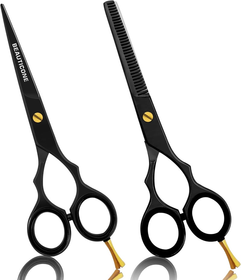 BEAUTICONE Hair Cutting  Thinning Scissors Set  65 Inch Stainless Steel Barber Scissors  Hairdressing Scissors for Salon  Smooth  Sharp Edge Blades Razor Edge  for Men  Women Black Set of 2