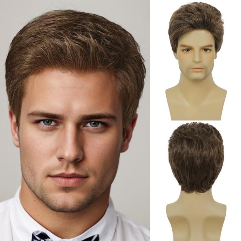 Swiking Mens Short Brown Wig Layered Synthetic Reality Hair 80s Costume Wigs Daily Replacement Wig for Male Guy Brown