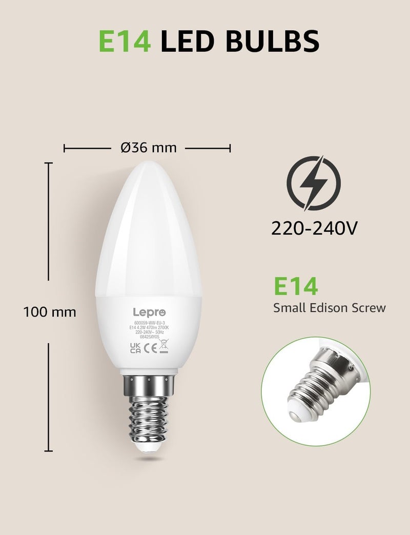 لايتنغ إيفر لمبة LED من Lepro طراز E14، 220-240 فولت، لمبات شمعة صغيرة بقاعدة إديسون لولبية SES، 4.9 واط 470 لومن، مكافئة لمبة 40 واط E14، لمبة LED أبيض دافئ 2700 كلفن، لمبات شمعة موفرة للطاقة، غير قابلة للتعتيم، عبوة من 3 - Image 3