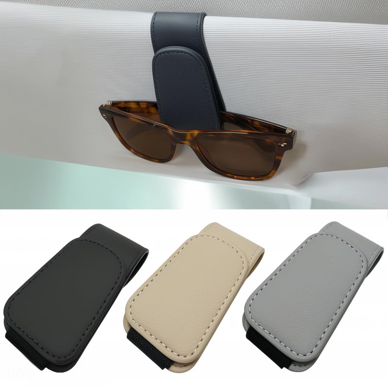 EldHus Sunglass Holder for Car Visor, Magnetic Car Glasses Holder Clip, Leather Eyeglass Holder for Car, Universal Vehicle Sunglasses Hanger Eyeglasses Mount, 1 Pack Black - Image 1
