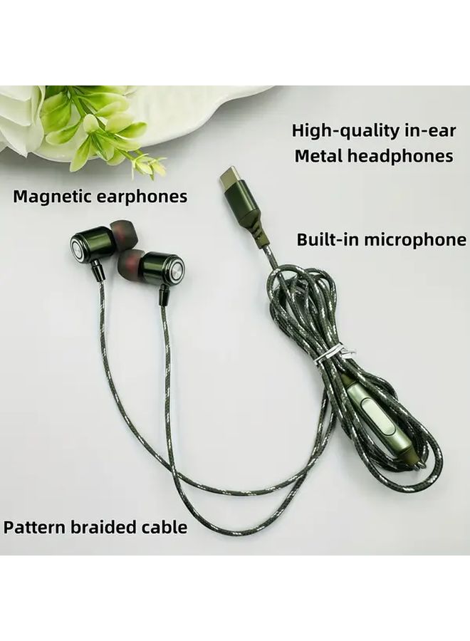 Dark Green Type C Wired Headphones With Microphone HD Sound Comfortable Semi In Ear Earbuds - Image 3