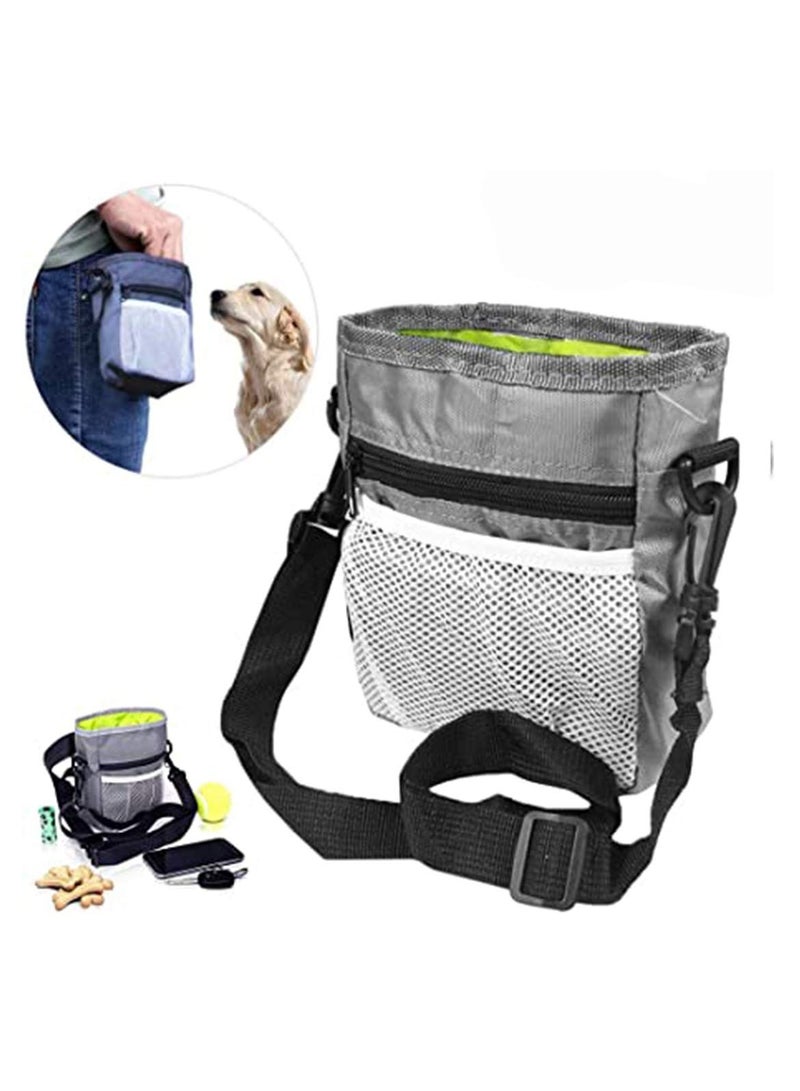 Dog Treat Pouch, Hands Free Puppy Training Bag with Adjustable Waistband, Reflective Shoulder Strap and Dog Waste Bag Dispenser for Training, Walks and Outings, Heather Gray