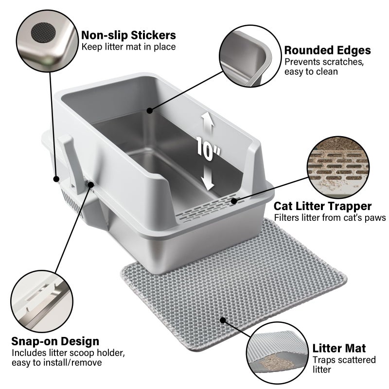 Olacat Stainless Steel Litter Box with Lid,XL Metal Cat Litter Box,Extra Large Litterbox for Big with High Sides,Non-Stick, Odor-Free,Easy to Clean,Include Litter Mat &Scoop,23x14.6x10in - Image 5