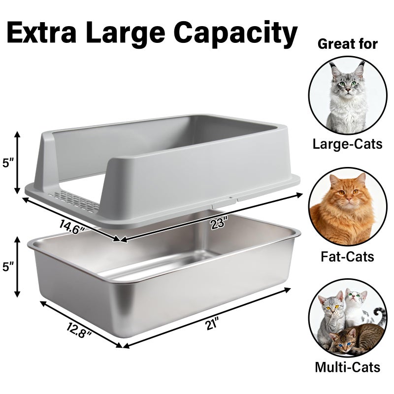Olacat Stainless Steel Litter Box with Lid,XL Metal Cat Litter Box,Extra Large Litterbox for Big with High Sides,Non-Stick, Odor-Free,Easy to Clean,Include Litter Mat &Scoop,23x14.6x10in - Image 2