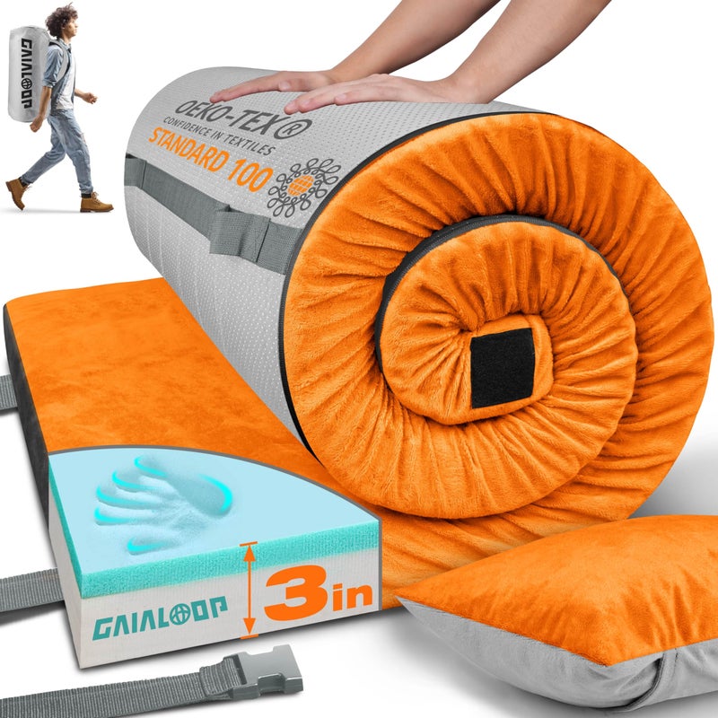 Gaialoop 3 Inch Memory Foam Camping Mattress, Dual Layer Thick Sleeping Camp Pad for Car Tent Cot, Roll-Up Portable Glamping Floor Bed for Guests Sleepover[Cot: 72 * 24 * 3"] - Image 1
