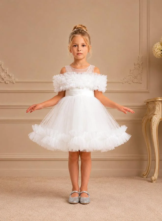 Via Bambino Ivory Ruffle Off-Shoulder Tutu Dress 3410