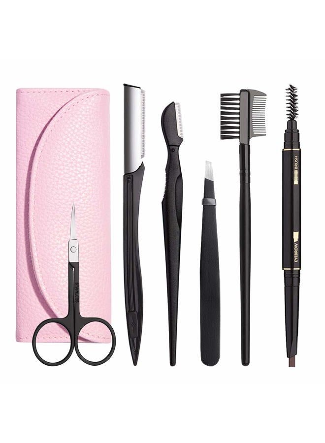 Boyi Eyebrow Kit, 6 in 1 Tweezers for Eyebrows, All-in-one Eyebrow Grooming Set Dermaplaning Tool Eyebrow Razor Brush Scissors Brown Eyebrow Pencil with Storage Pouch (A-Pink) - Image 1