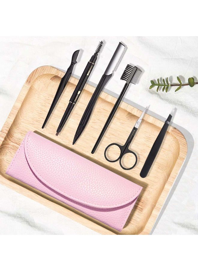 Boyi Eyebrow Kit, 6 in 1 Tweezers for Eyebrows, All-in-one Eyebrow Grooming Set Dermaplaning Tool Eyebrow Razor Brush Scissors Brown Eyebrow Pencil with Storage Pouch (A-Pink) - Image 2
