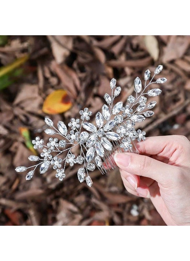 Catery Catery Crystal Bridal Hair Combs Rhinestones Hairpieces Flower Wedding Clips Accessories for Brides and Women Pack of 1(Silver)  - Image 5