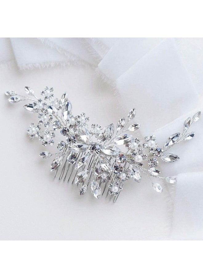Catery Catery Crystal Bridal Hair Combs Rhinestones Hairpieces Flower Wedding Clips Accessories for Brides and Women Pack of 1(Silver)  - Image 1