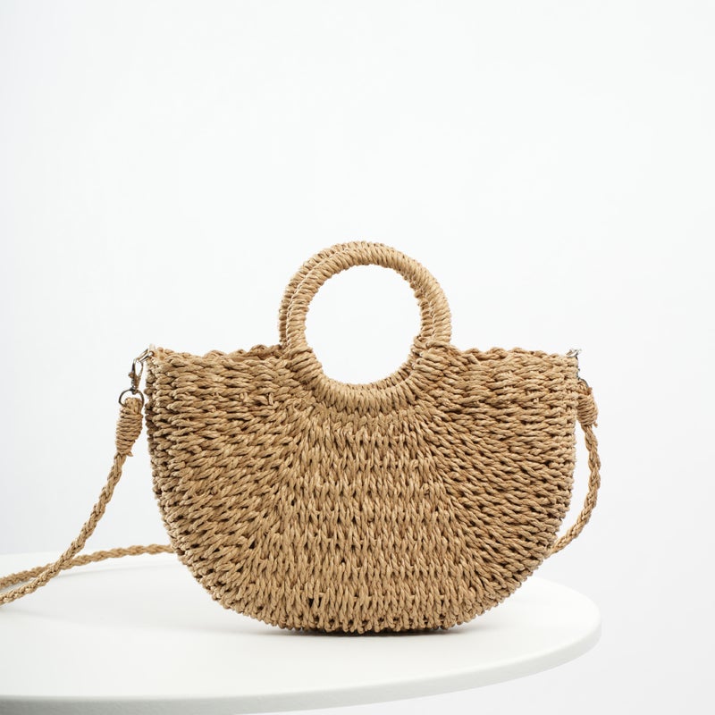 Medium Handmade Straw Seaside Beach Vacation Summer Street Fashion Semicircle Double Ring Handle Shoulder Back Crossbody Holder - Image 2