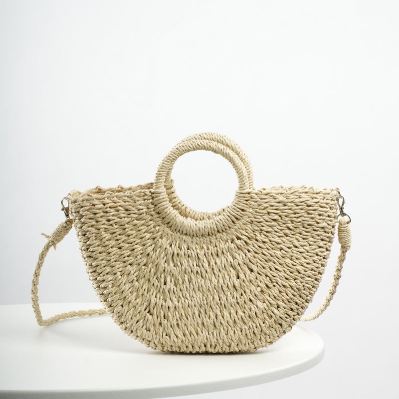 Medium Handmade Straw Seaside Beach Vacation Summer Street Fashion Semicircle Double Ring Handle Shoulder Back Crossbody Holder - Image 3