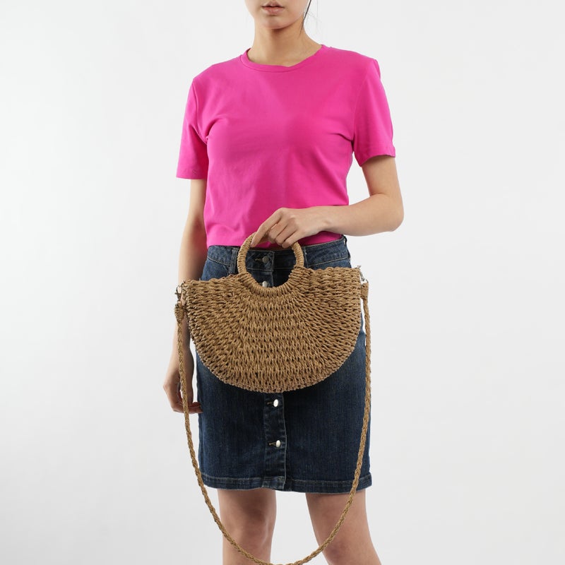 Medium Handmade Straw Seaside Beach Vacation Summer Street Fashion Semicircle Double Ring Handle Shoulder Back Crossbody Holder - Image 5