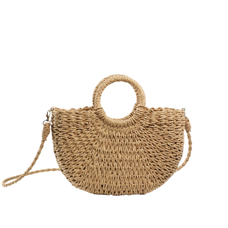 Medium Handmade Straw Seaside Beach Vacation Summer Street Fashion Semicircle Double Ring Handle Shoulder Back Crossbody Holder - Image 1