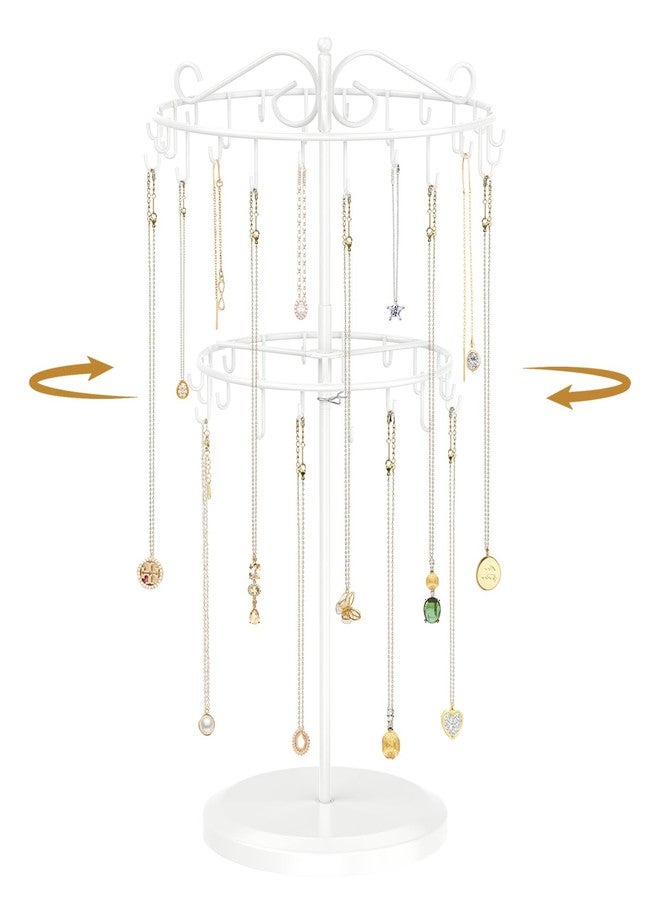 MODOWEY Necklace Holder Organizer Rotating Display, 42 Hooks Stand Adjustable Tree for Long Chain Storage, 2 Tier Tabletop Metal Hanger Rack for Men Women, No More Tangled Pendant Jewelry, White - Image 1