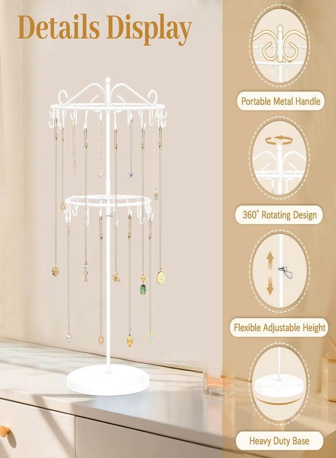 MODOWEY Necklace Holder Organizer Rotating Display, 42 Hooks Stand Adjustable Tree for Long Chain Storage, 2 Tier Tabletop Metal Hanger Rack for Men Women, No More Tangled Pendant Jewelry, White - Image 4