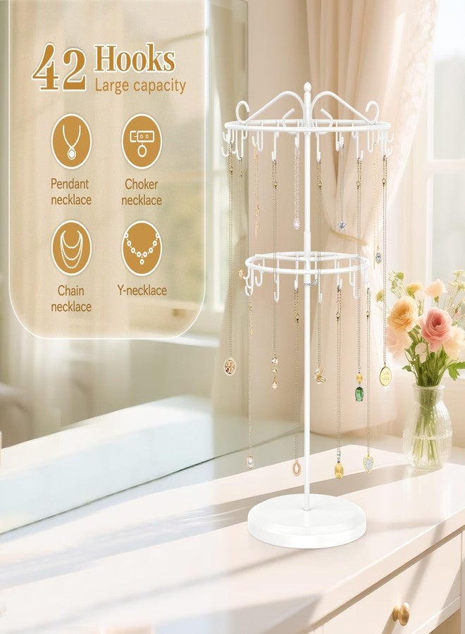MODOWEY Necklace Holder Organizer Rotating Display, 42 Hooks Stand Adjustable Tree for Long Chain Storage, 2 Tier Tabletop Metal Hanger Rack for Men Women, No More Tangled Pendant Jewelry, White - Image 2
