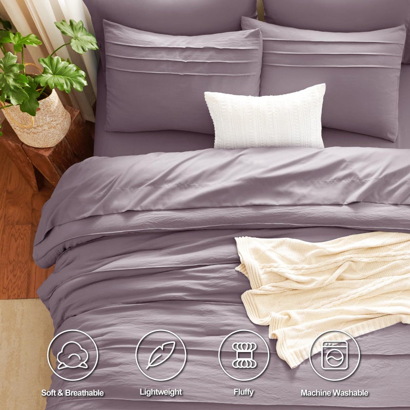 CozyLux Queen Comforter Set Dusty Purple, 7 Pieces Soft Pinch Pleat Bed in a Bag Queen Comforter Set with Sheets, Boho Bed Set with Down Alternative Comforter, Sheets, Pillowcases & Shams - Image 2