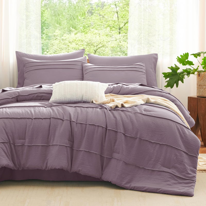 CozyLux Queen Comforter Set Dusty Purple, 7 Pieces Soft Pinch Pleat Bed in a Bag Queen Comforter Set with Sheets, Boho Bed Set with Down Alternative Comforter, Sheets, Pillowcases & Shams - Image 1