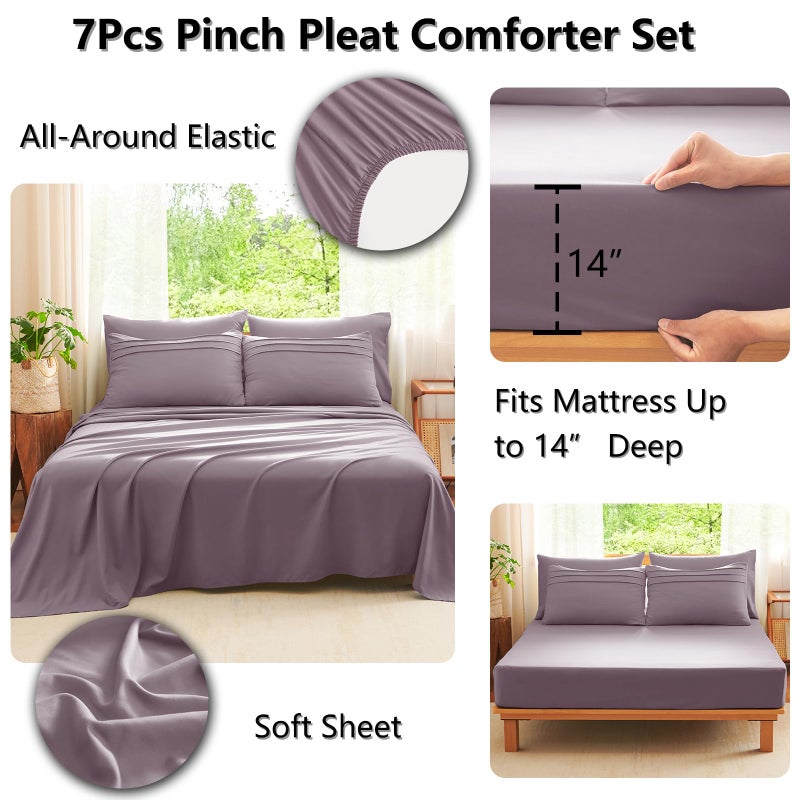 CozyLux Queen Comforter Set Dusty Purple, 7 Pieces Soft Pinch Pleat Bed in a Bag Queen Comforter Set with Sheets, Boho Bed Set with Down Alternative Comforter, Sheets, Pillowcases & Shams - Image 5