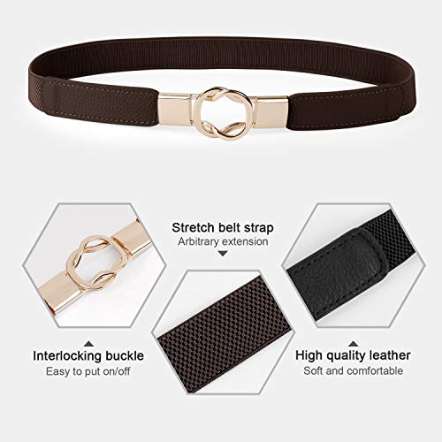WERFORU Women Skinny Belt for Dresses Retro Stretch Waist Belt with Gold Buckle Set of 4,Black+Brown+White+Coffee - Image 2