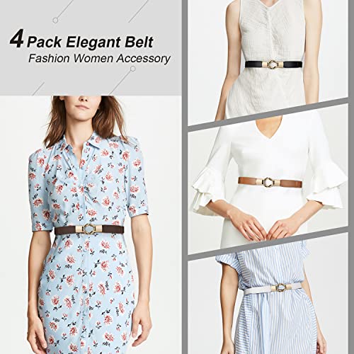 WERFORU Women Skinny Belt for Dresses Retro Stretch Waist Belt with Gold Buckle Set of 4,Black+Brown+White+Coffee - Image 5