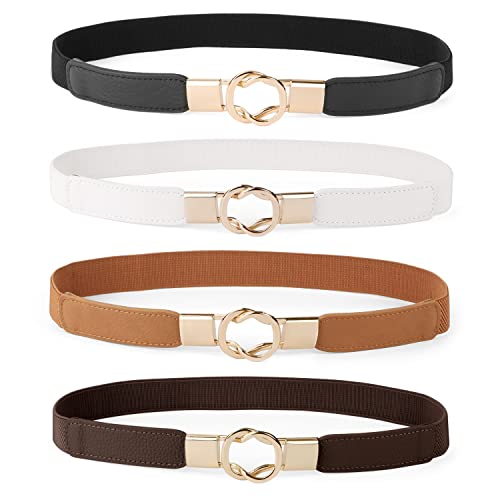 WERFORU Women Skinny Belt for Dresses Retro Stretch Waist Belt with Gold Buckle Set of 4,Black+Brown+White+Coffee - Image 1
