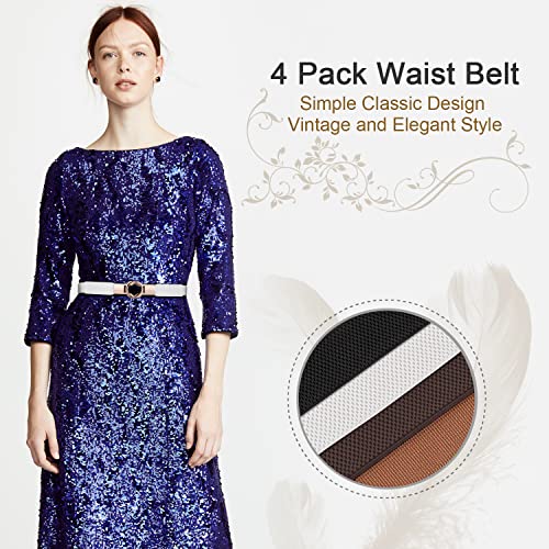 WERFORU Women Skinny Belt for Dresses Retro Stretch Waist Belt with Gold Buckle Set of 4,Black+Brown+White+Coffee - Image 3