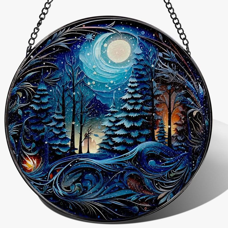 LAOWEIKI 8-Inch Starry Night Forest Suncatcher Ornament, Stained Glass Window Hanging & Stained Glass Holiday Ornament, Sun Catcher Window Decor â€” Magical Gift for Nature Lovers, Gifts for Christmas & Holidays - Image 1