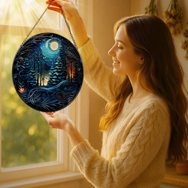 LAOWEIKI 8-Inch Starry Night Forest Suncatcher Ornament, Stained Glass Window Hanging & Stained Glass Holiday Ornament, Sun Catcher Window Decor â€” Magical Gift for Nature Lovers, Gifts for Christmas & Holidays - Image 2