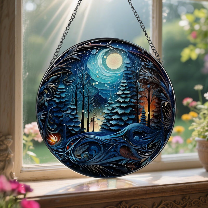 LAOWEIKI 8-Inch Starry Night Forest Suncatcher Ornament, Stained Glass Window Hanging & Stained Glass Holiday Ornament, Sun Catcher Window Decor â€” Magical Gift for Nature Lovers, Gifts for Christmas & Holidays - Image 5