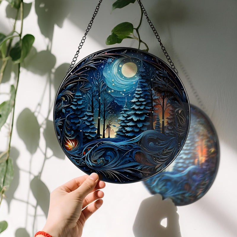 LAOWEIKI 8-Inch Starry Night Forest Suncatcher Ornament, Stained Glass Window Hanging & Stained Glass Holiday Ornament, Sun Catcher Window Decor â€” Magical Gift for Nature Lovers, Gifts for Christmas & Holidays - Image 3