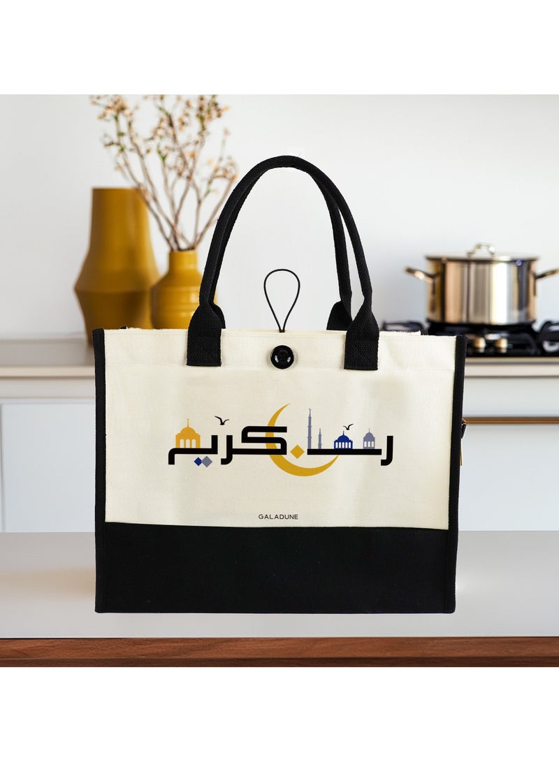 GALADUNE Arab Style Women's Tote Canvas Bag, Reusable Shopping Bag Beach Tote Bag, Birthday Gift for Women, Mother's Day Gift, Ramadan Gift, Ramadan Kareem with Golden Moon Pattern  - Image 1