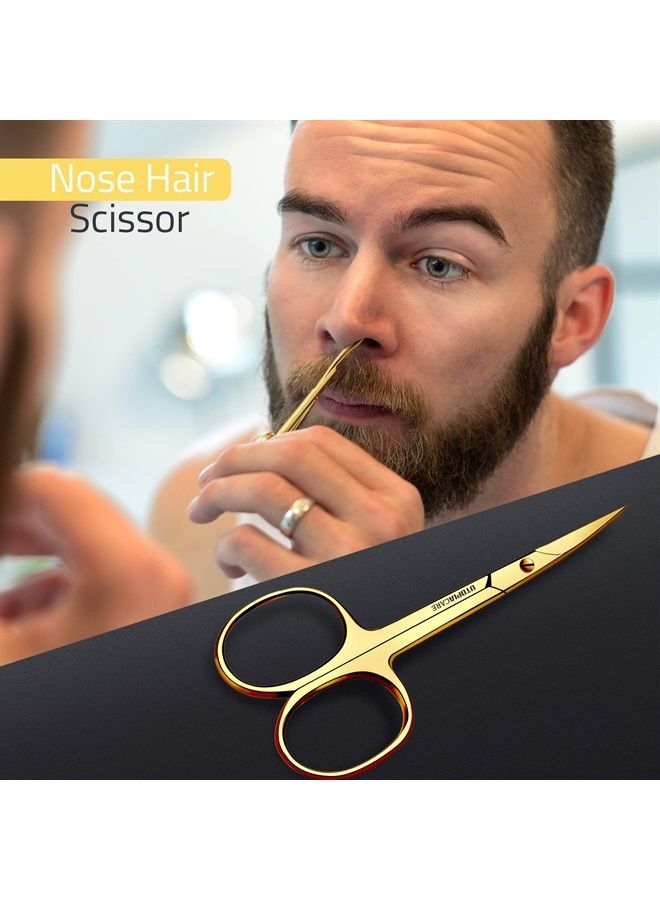 Curved and Rounded Facial Hair Scissors for Men - Mustache, Nose, Beard, Eyebrows, Eyelashes, and Ear Hair Cutting Scissors - Professional Stainless Steel Trimming Scissors - Gold