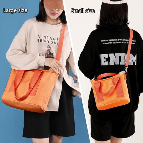 MINGRI Large Canvas Tote Bag, Orange, Waterproof, Zipper, 6 Pockets, Women's Tote Bag with Compartments, Crossbody Shoulder Bag for Work or Travel - Image 3
